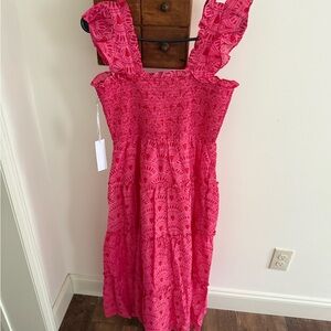 J. Marie Smocked Ruffle Sleeve Tiered Hot Pink  Sundress Medium